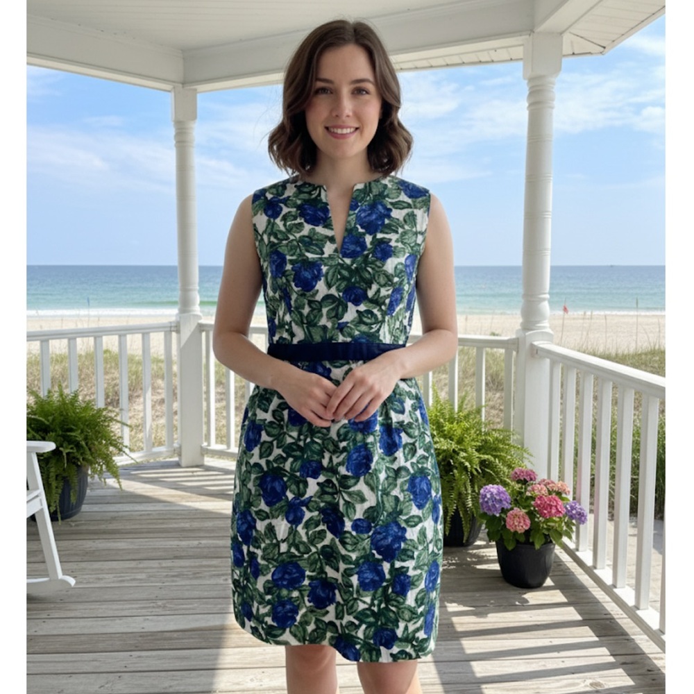 Milly of New York Day Dress in Blue Floral with Green Accents